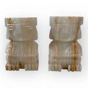 Vintage Onyx Marble Carved Aztec Stone Mayan Figures Bookends 5.5”